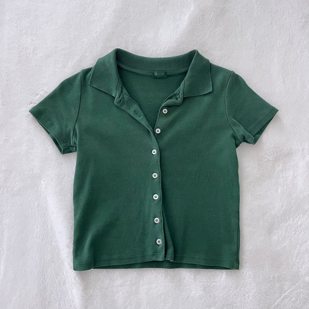 John Gault Forrest green short sleeved button collared top cropped